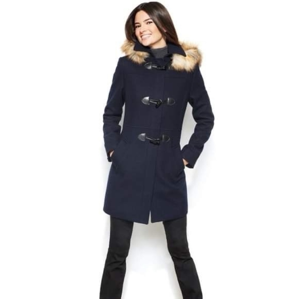 Nautica Dark Blue Puffer Coat with Faux Fur Trim